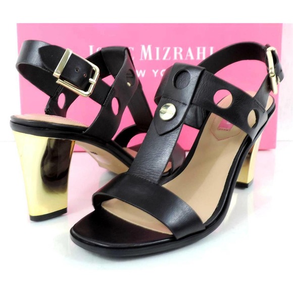 Isaac Mizrahi Sasha Metallic Heels Ankle Strap Sandal Studs Leather Black Size 8 - Picture 2 of 6